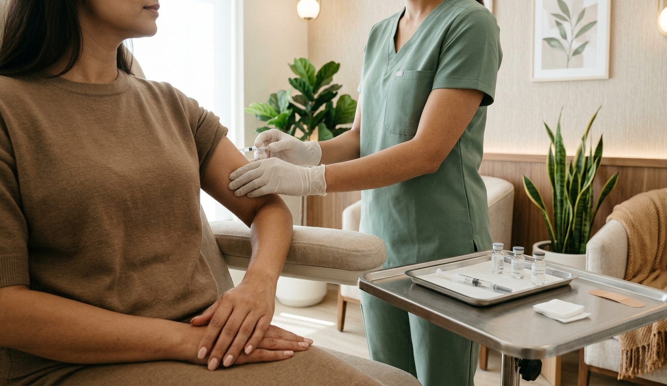 A medical professional in green scrubs administers a vaccine injection into a seated woman’s upper arm in a modern healthcare clinic. Medical supplies rest on a nearby tray while indoor plants, neutral furnishings, and soft lighting create a calm, welcoming treatment environment.