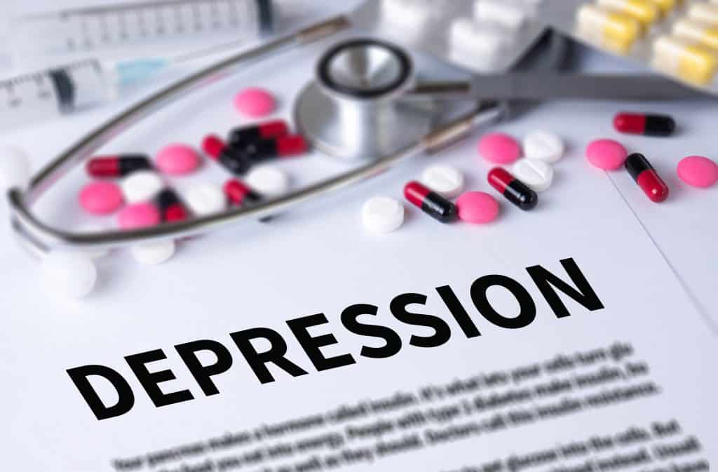 DEPRESSION and Background of Medicaments Composition, Stethoscope, mix therapy drugs doctor and selectfocus