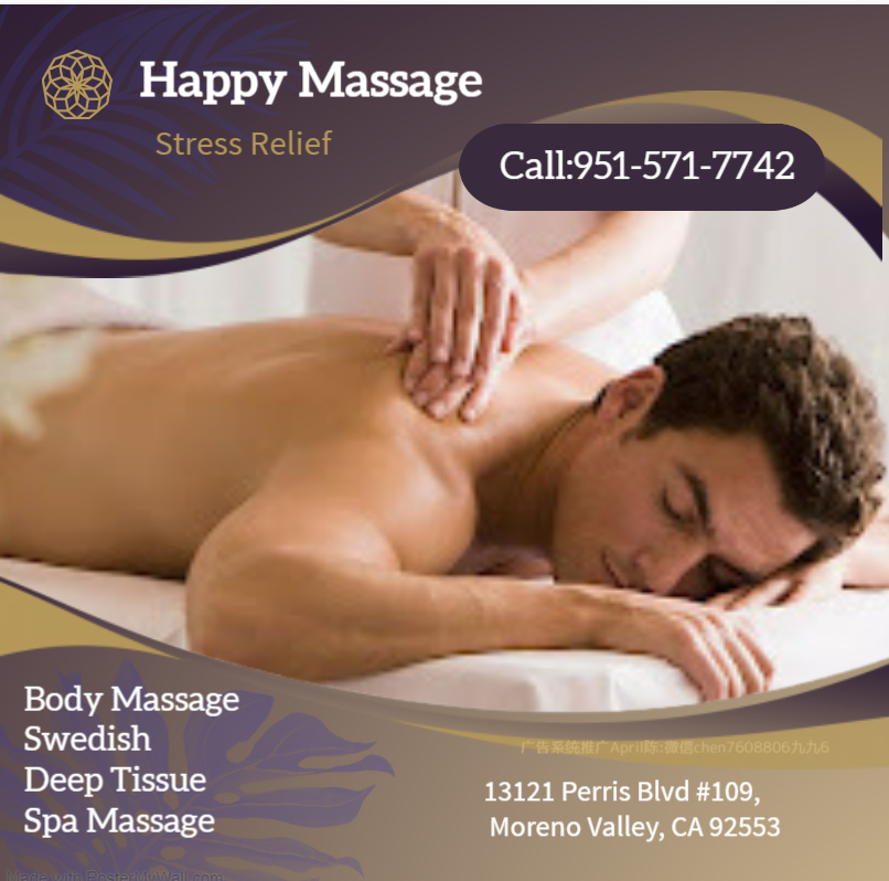 The full body massage targets all the major areas of the body that are most subject to strain 
and d Happy Massage Moreno Valley (951)571-7742