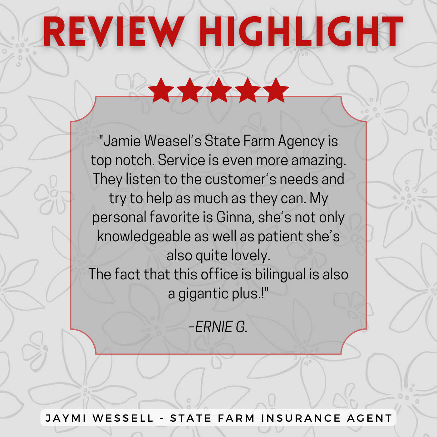 Jaymi Wessell - State Farm Insurance Agent
Review highlight