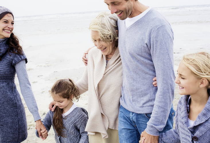 A multigenerational family walking along a beach.