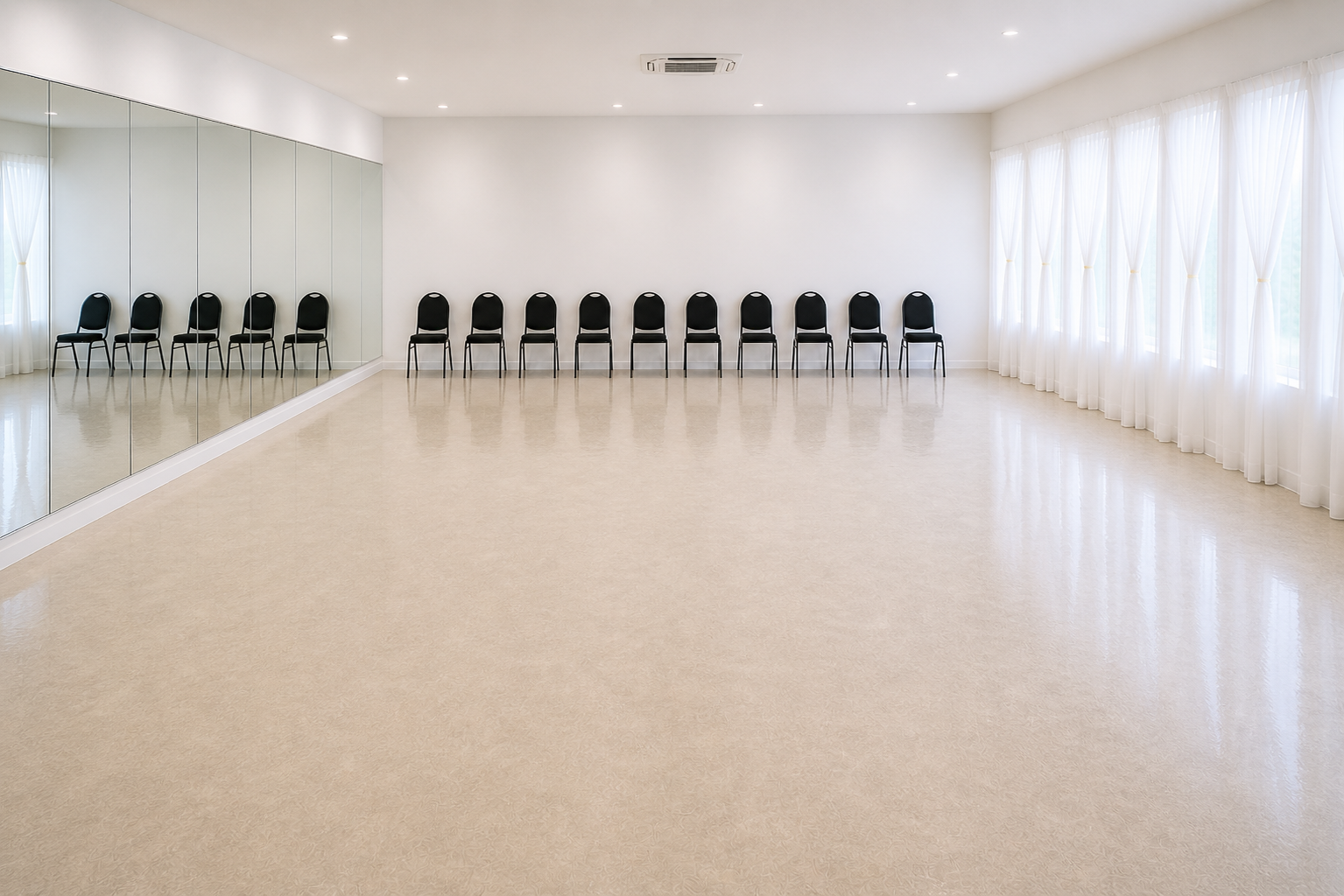 A clean, empty dance studio with a row of chairs lined up against the wall and a mirrored wall reflecting more chairs.