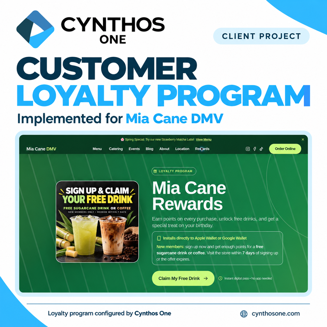 Give customers a reason to choose you again. Cynthos One setup and implemented Mia Cane DMV’s digital loyalty program, connecting customer signup, points, rewards, and Apple Wallet and Google Wallet passes. We help businesses create a powerful rewards experience designed to drive repeat visits, sales and growth and strengthen customer relationships.