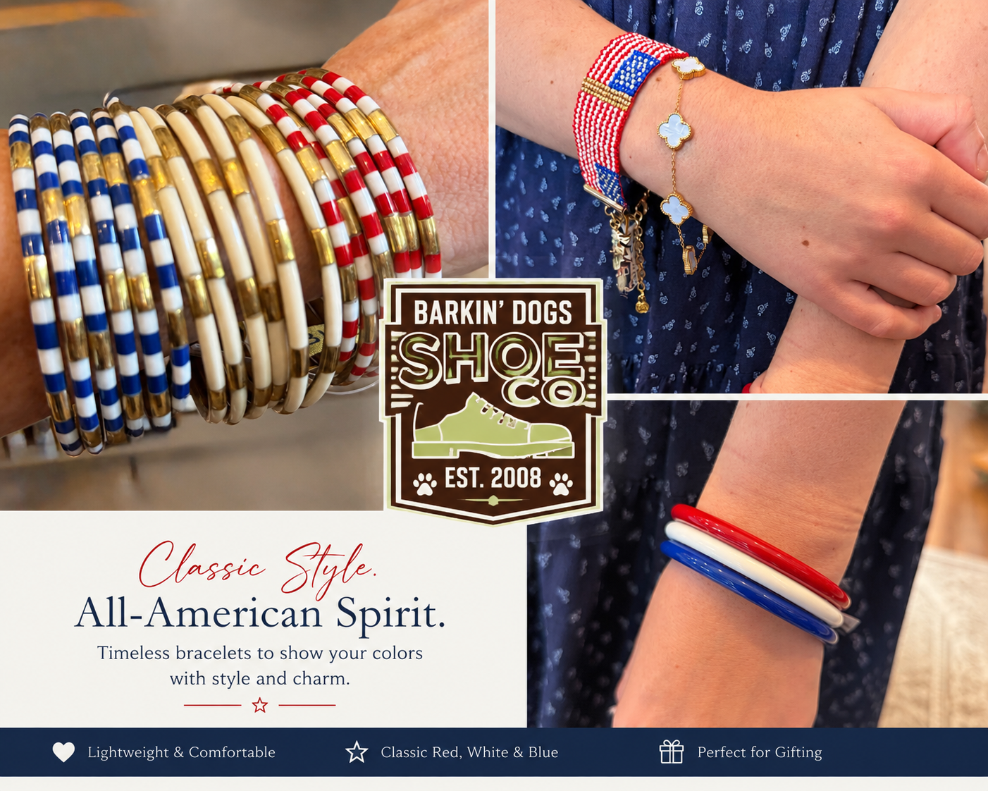 Fashion bracelet collection featuring colorful beaded and bangle-style accessories with red, white, blue, and gold accents. Displayed as wearable jewelry and boutique fashion accessories.