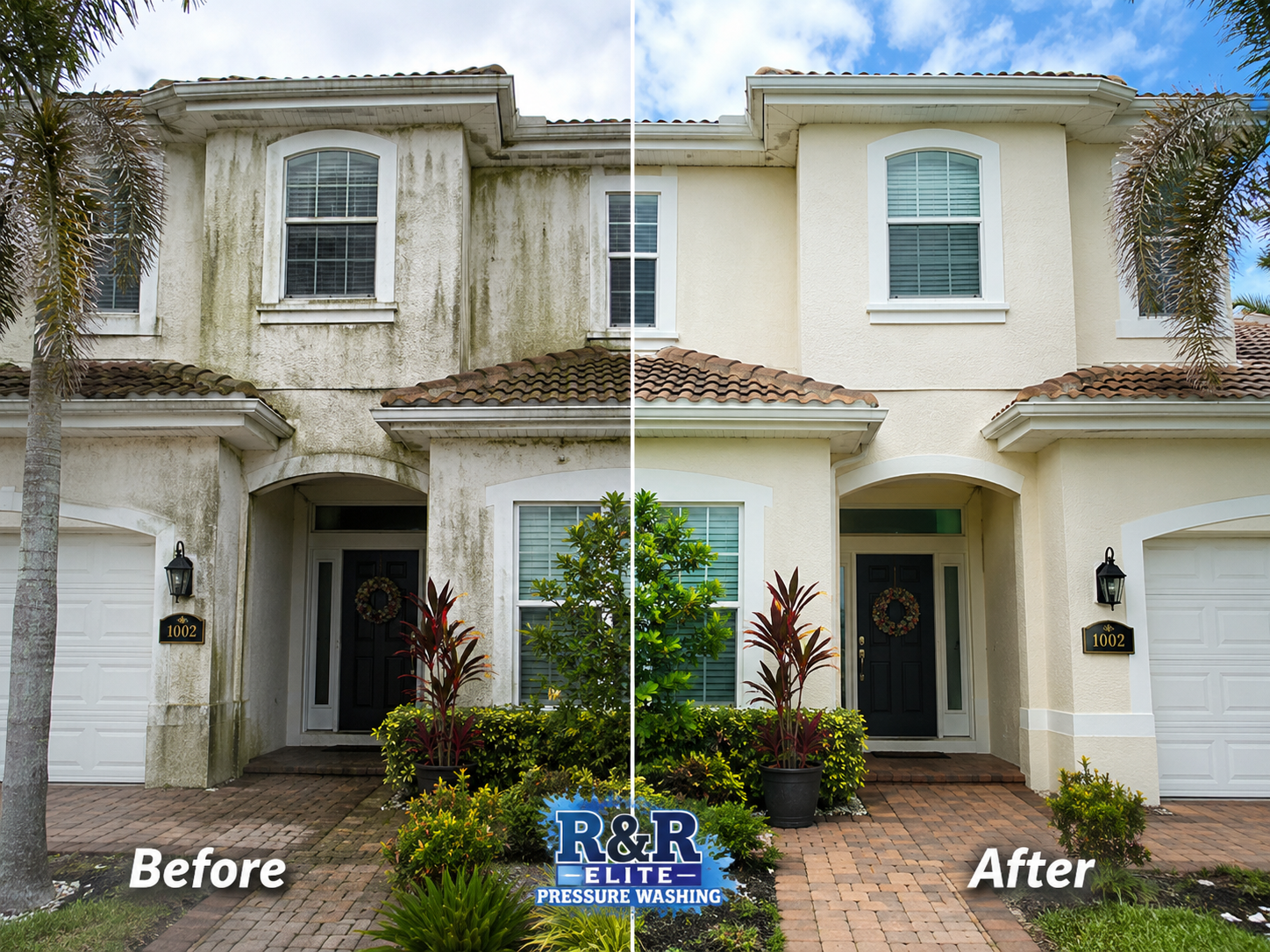 Before and after house washing by R & R Elite Pressure Washing LLC in Kissimmee, FL. Our soft washing process removes algae, mold, mildew, dirt, and exterior buildup while safely cleaning the home&rsquo;s exterior surfaces.