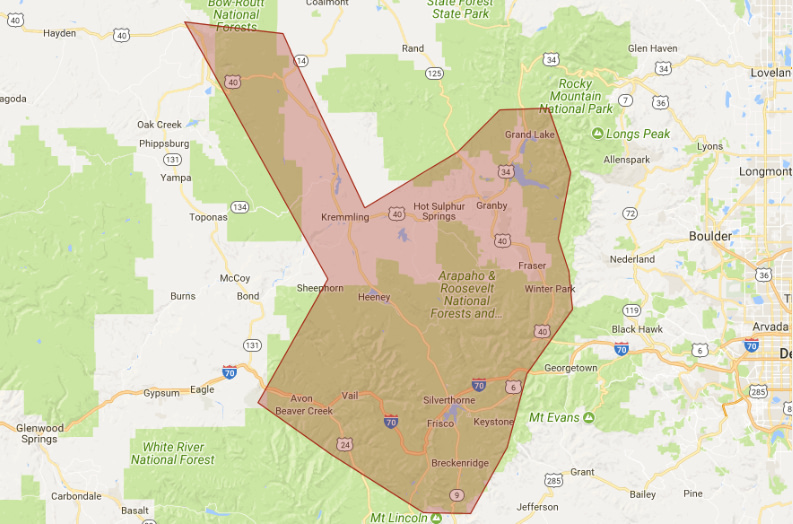 A detailed map highlighting the service area of Noah’s Flood Restoration, covering regions in Colorado such as Steamboat Springs, Vail, Breckenridge, and surrounding towns. The boundaries are marked with shading to illustrate the coverage.