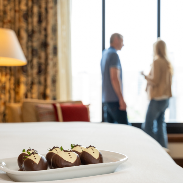 Couple orders chocolate-covered strawberries for their room. The Little America Hotel - Salt Lake City Salt Lake City (801)596-5700