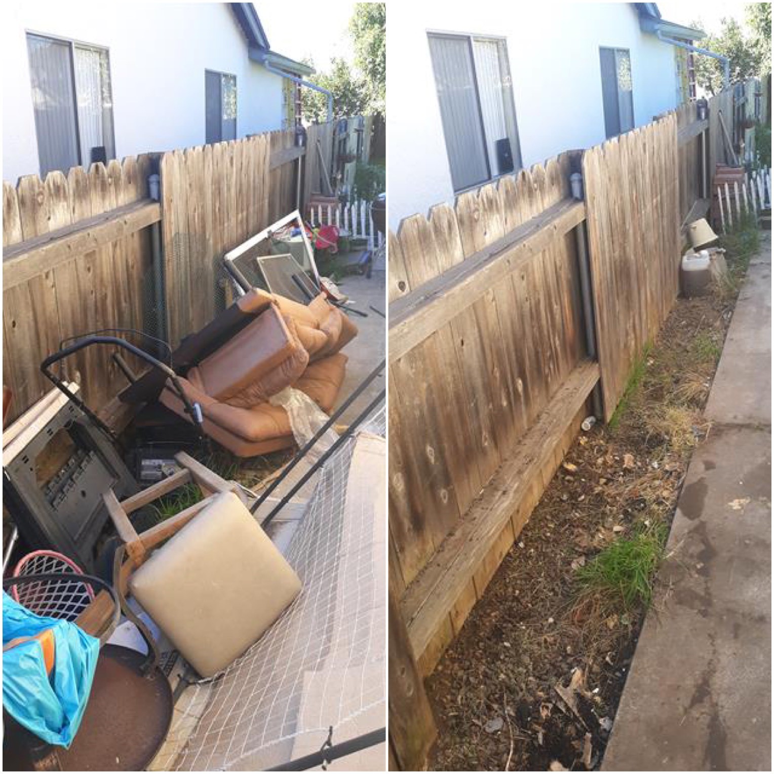 Before and after photo from a recent side yard clean up. Junk King San Diego can haul away your old furniture, yard waste and random junk you need to remove from your property. Visit our website today to learn more about how we can help you with your next junk removal job.