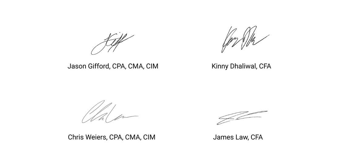 Jason Gifford, Kinny Dhaliwal, Chris Weiers, and James Law's signatures.