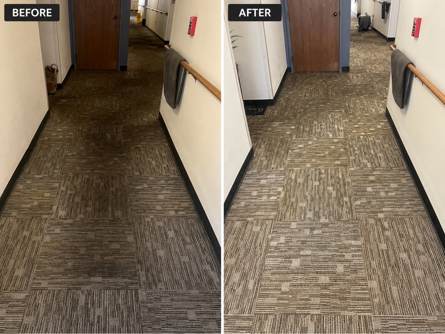 Before and after carpet cleaning in a commercial corridor, showing refreshed, cleaner carpet after service by Star's Janitorial Services.