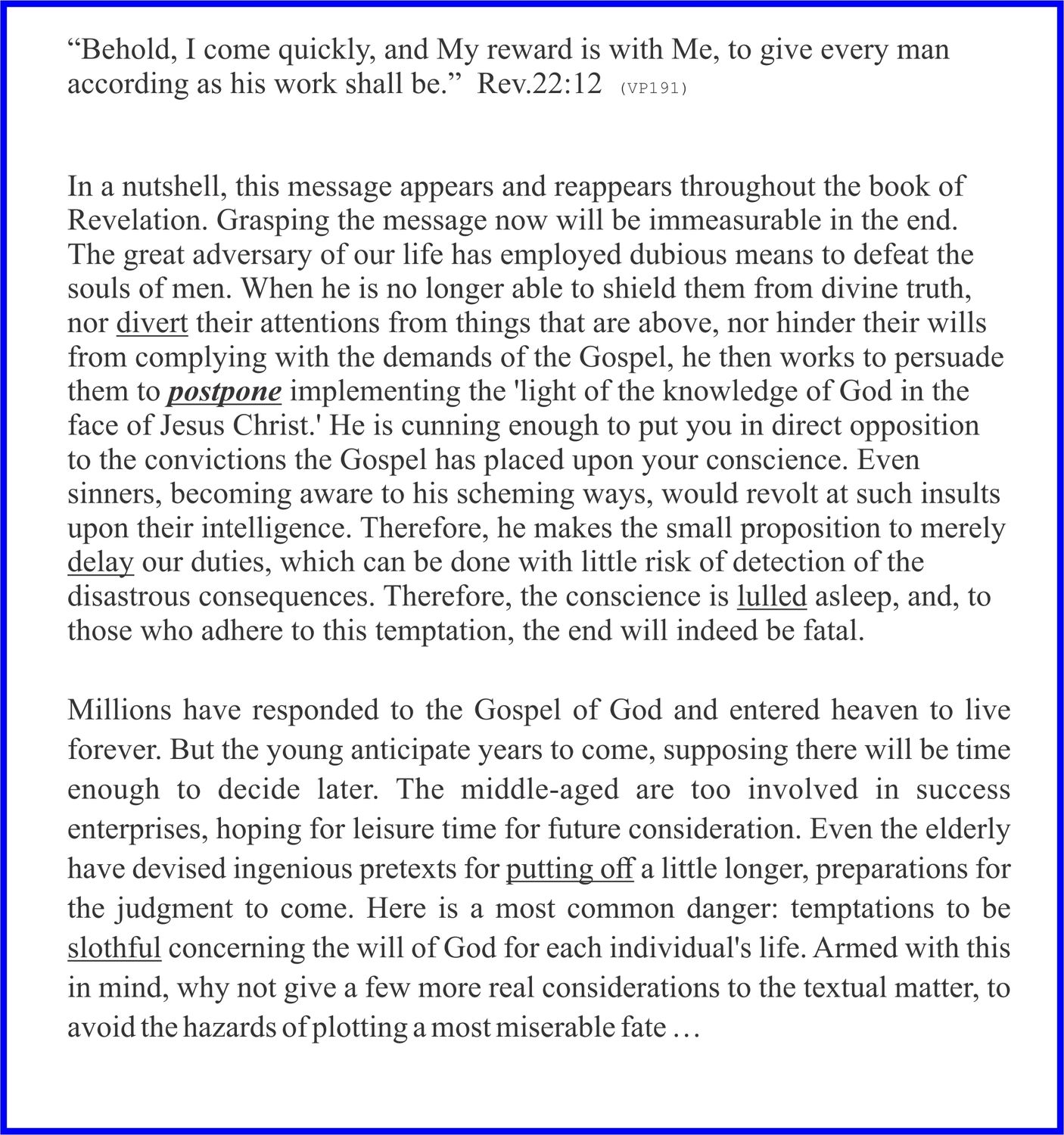 A page of text with a biblical quote at the top, discussing the gospel and its reception by different age groups. The text is black on a white background with a thin blue border.