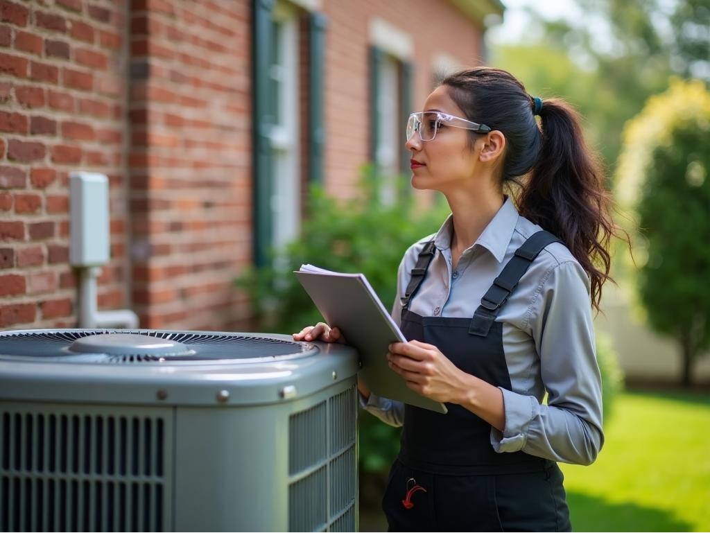 AirIQ HVAC technician inspecting an outdoor air conditioning system. 