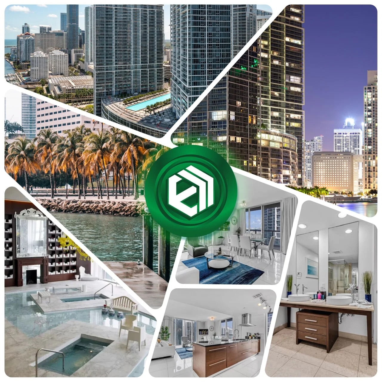 A collage of images showcasing Miami's skyline and luxury interiors. The top left shows a daytime vi 