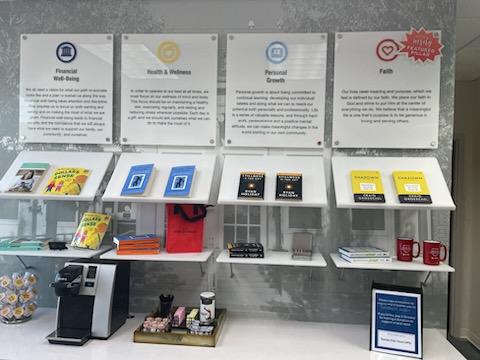 First United Bank - Sapulpa - interior "Spend Life Wisely" books to borrow