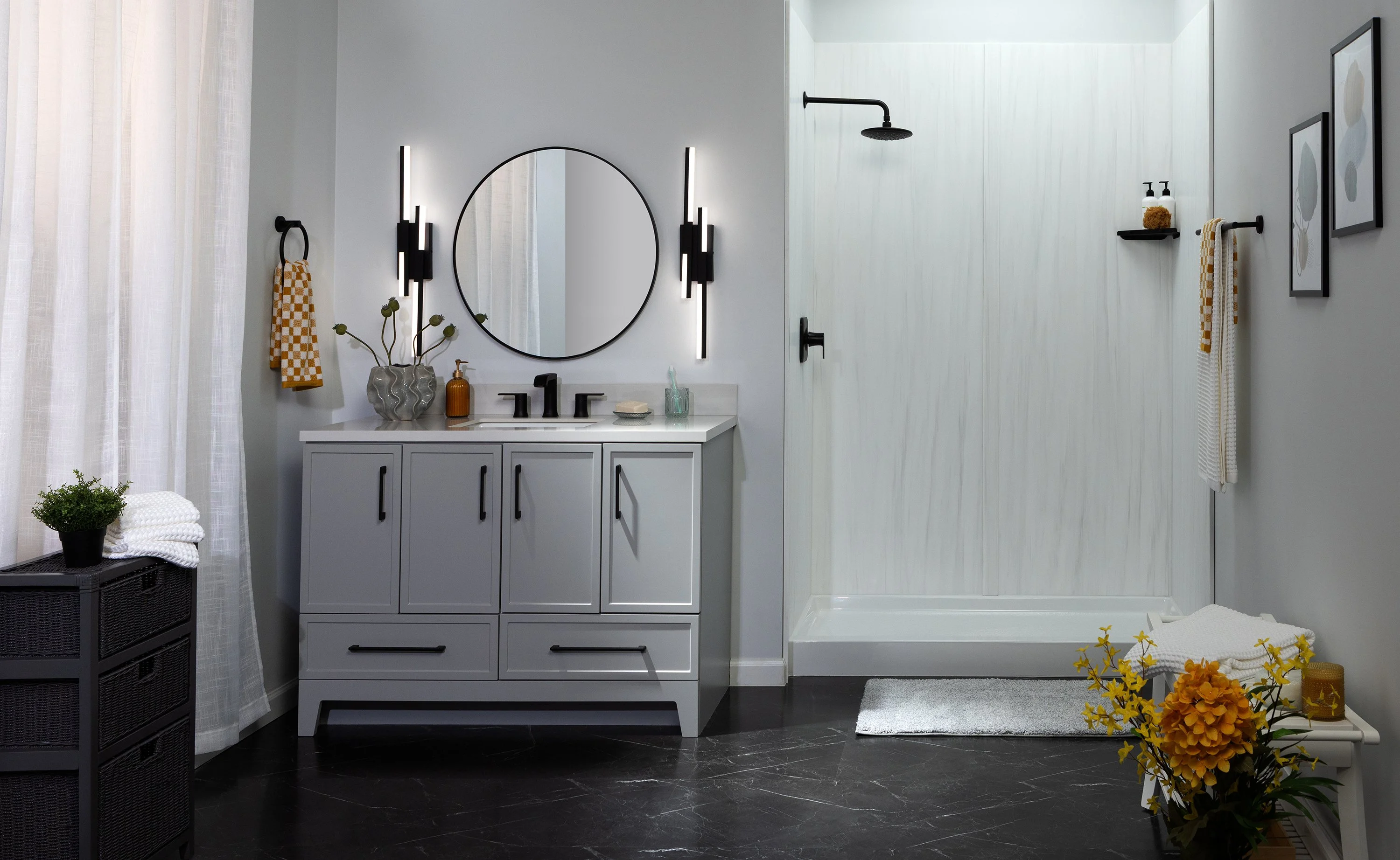 Modern walk-in shower remodel with Stratus wall system in Portland, Maine