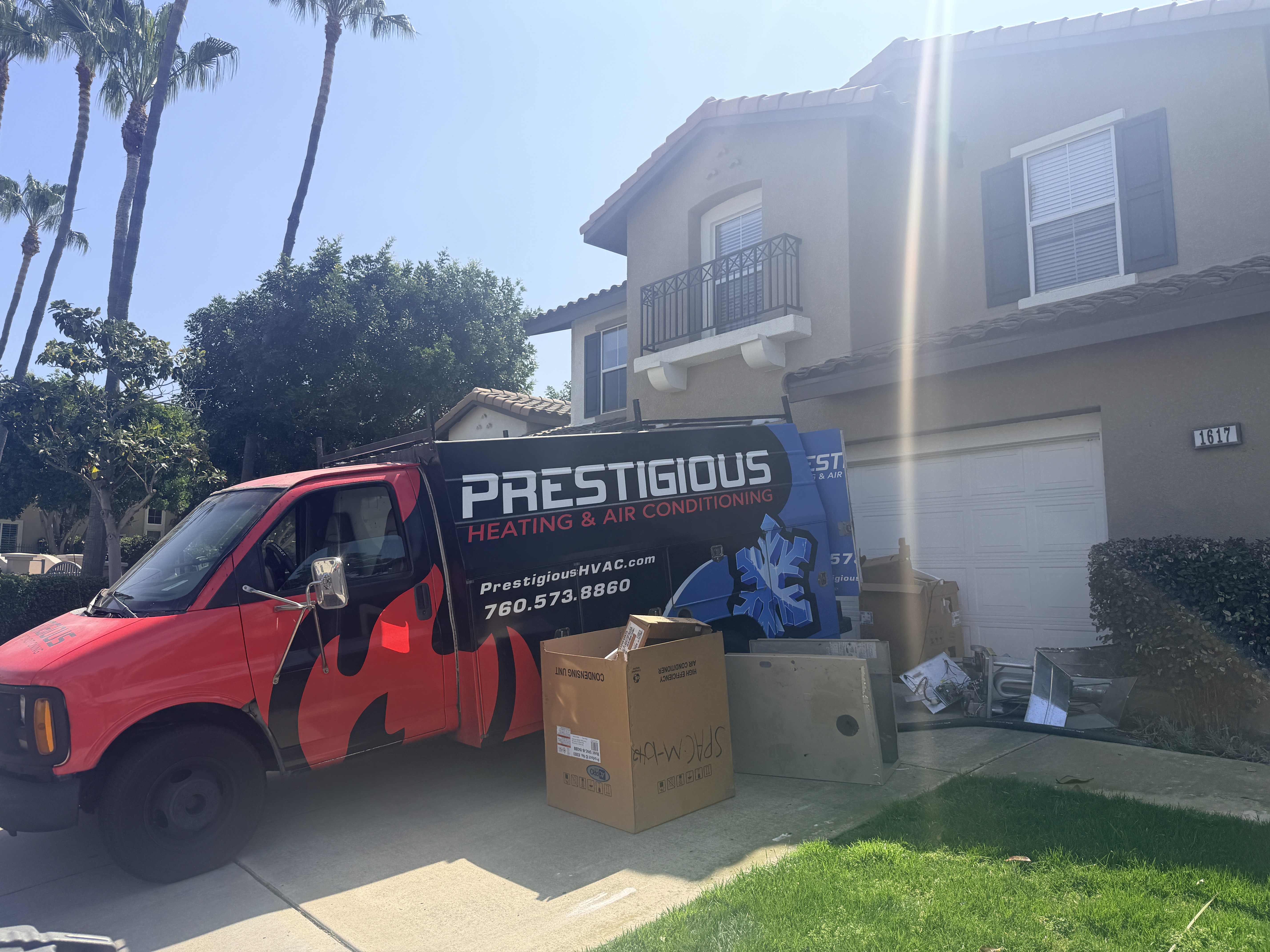 Prestigious Heating & Air Conditioning branded service vehicle serving Carlsbad, Encinitas, Oceanside, Vista, San Marcos, Rancho Santa Fe, Del Mar, Solana Beach, and surrounding North County San Diego communities.