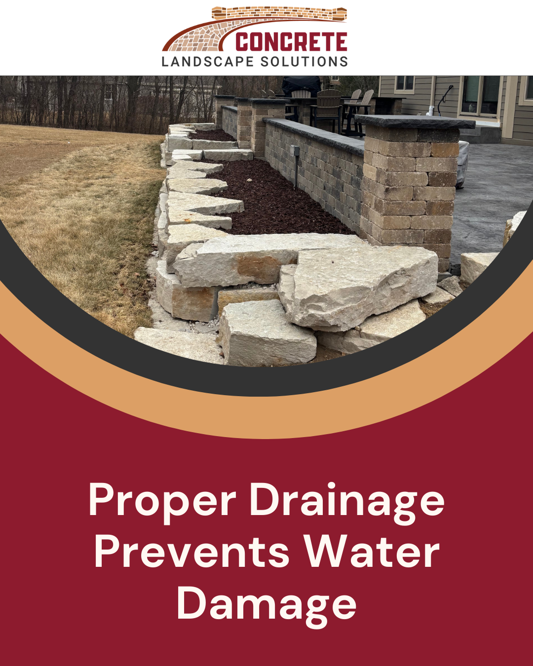Retaining wall drainage photo showing proper stone backfill and drainage preparation to help prevent water damage.