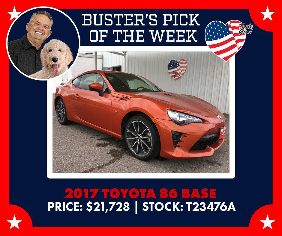 Buster's Pick of the week is here and it's ready for the fast lane!! 2017 Toyota 86 Base for $21,728, for more information call Bert Ogden in Harlingen! (956) 622-4356  DaleGas  MansBestFriend  RGVStrong