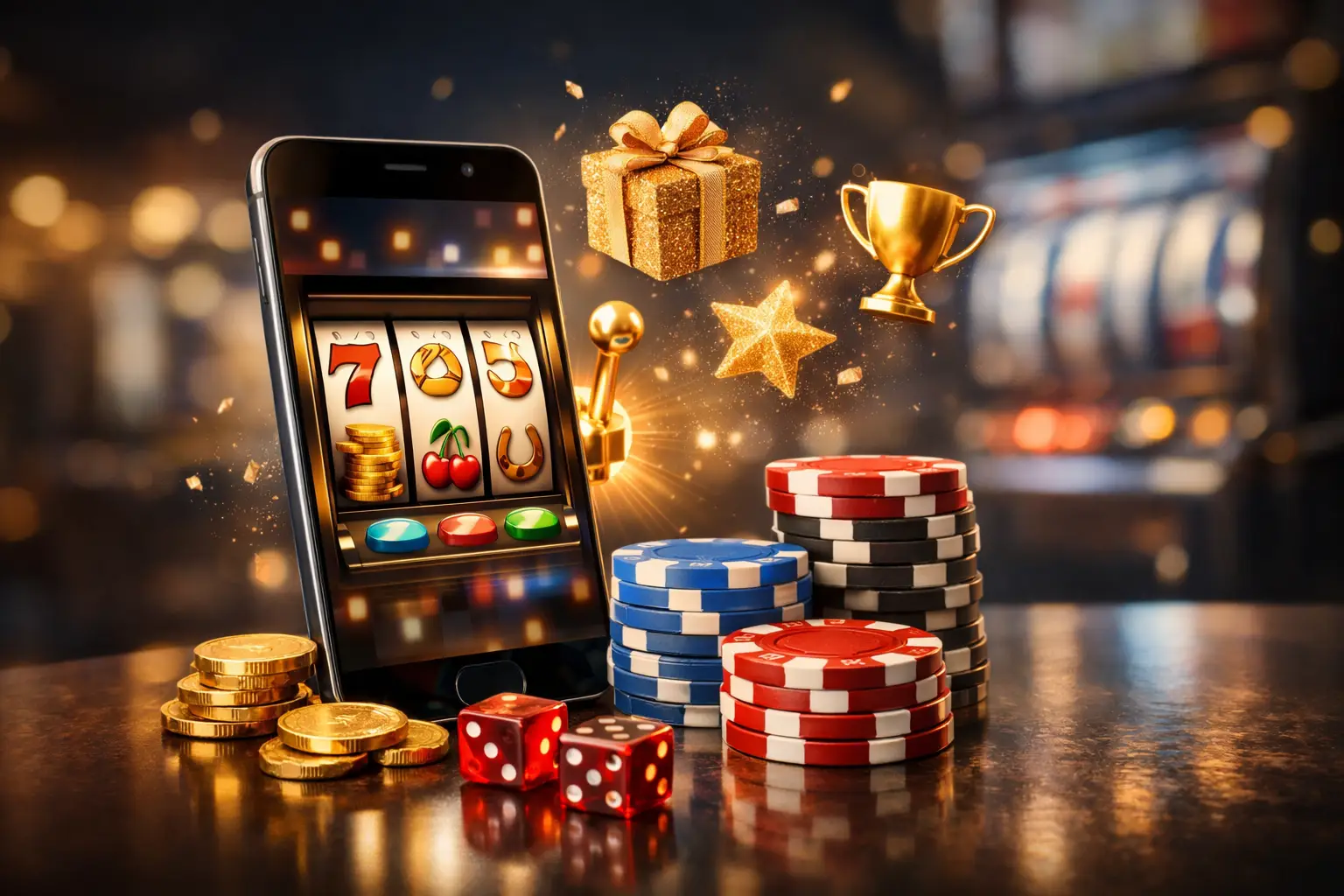 A smartphone displays a slot machine game with symbols like a '7', cherries, and a horseshoe, surrounded by casino-themed elements such as gold coins, dice, poker chips, a golden gift box, a star, and a trophy. The background features the blurred lights of a casino floor, hinting at a virtual or mobile gambling experience.