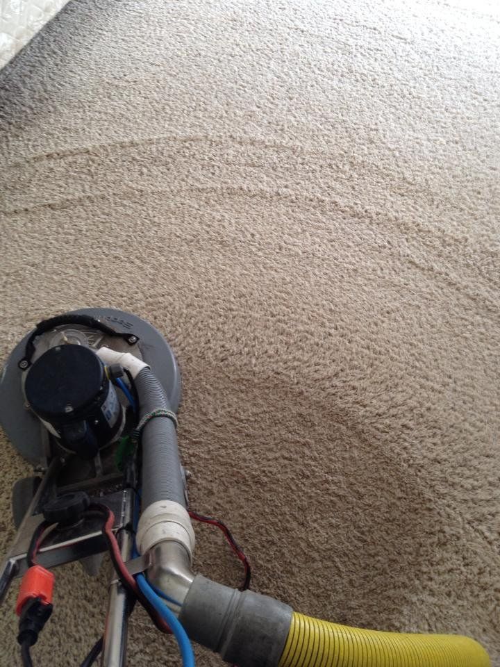 Professional carpet cleaning machine extracting dirt from light-colored carpet, showing visible cleaning path difference, highlighting deep cleaning process, stain removal, and restoration of carpet appearance in residential interior setting.