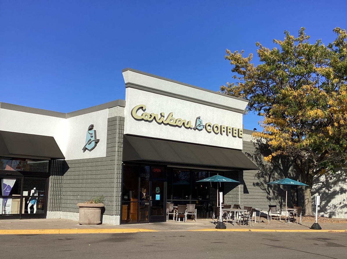 Storefront of the Caribou Coffee at 12850 Bass Lake Road in Maple Grove