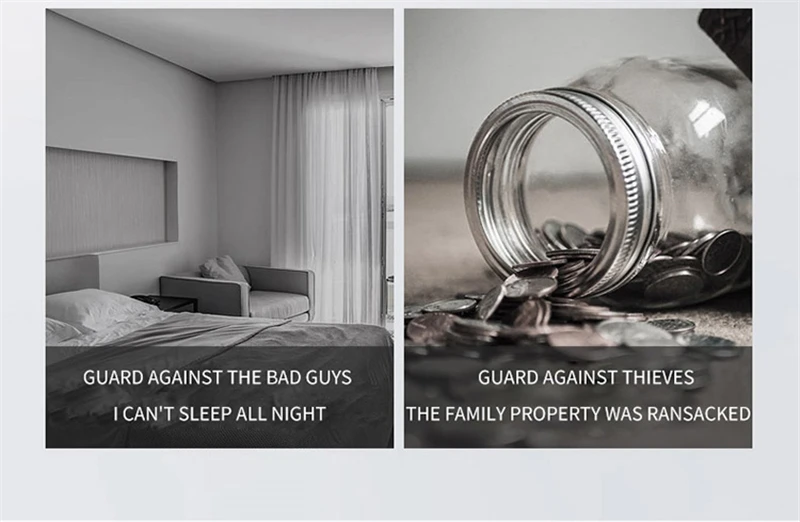 The image is split into two halves. The left half shows a bedroom with a bed and an armchair, with text overlayed reading "GUARD AGAINST THE BAD GUYS I CAN'T SLEEP ALL NIGHT". The right half shows a glass jar overflowing with coins, lying on its side, with text overlayed reading "GUARD AGAINST THIEVES THE FAMILY PROPERTY WAS RANSACKED".