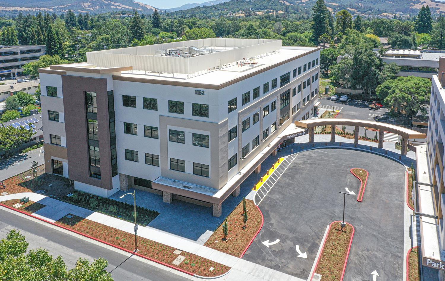 Arial drone view of the Providence Medical Office Building on Montgomery Drive in Santa Rosa, California