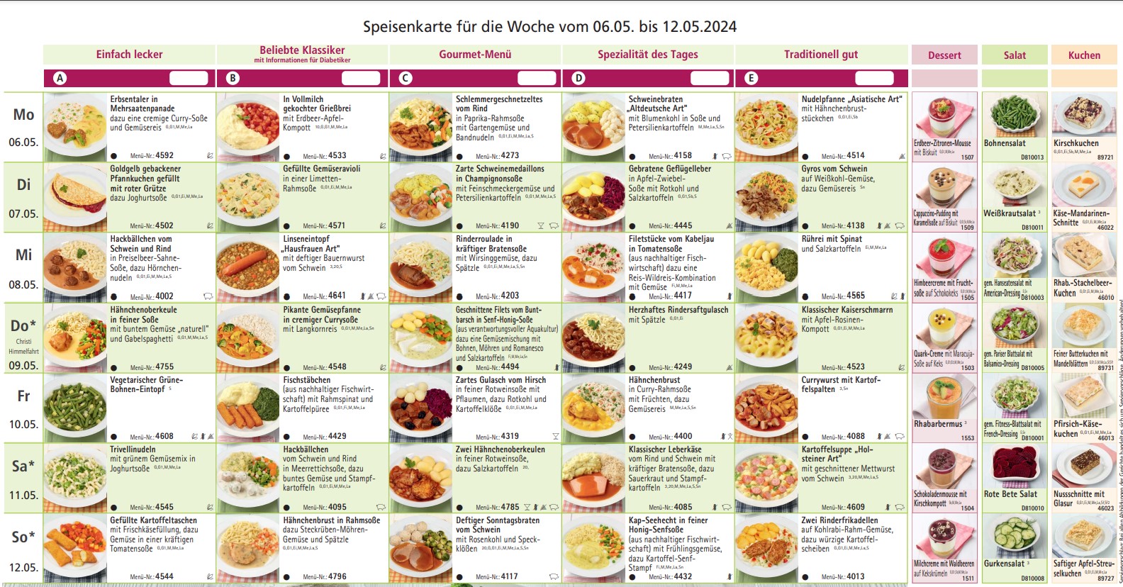 Speisenkarte für die Kalenderwoche 18
vom 06.05. bis 11.05.2024.