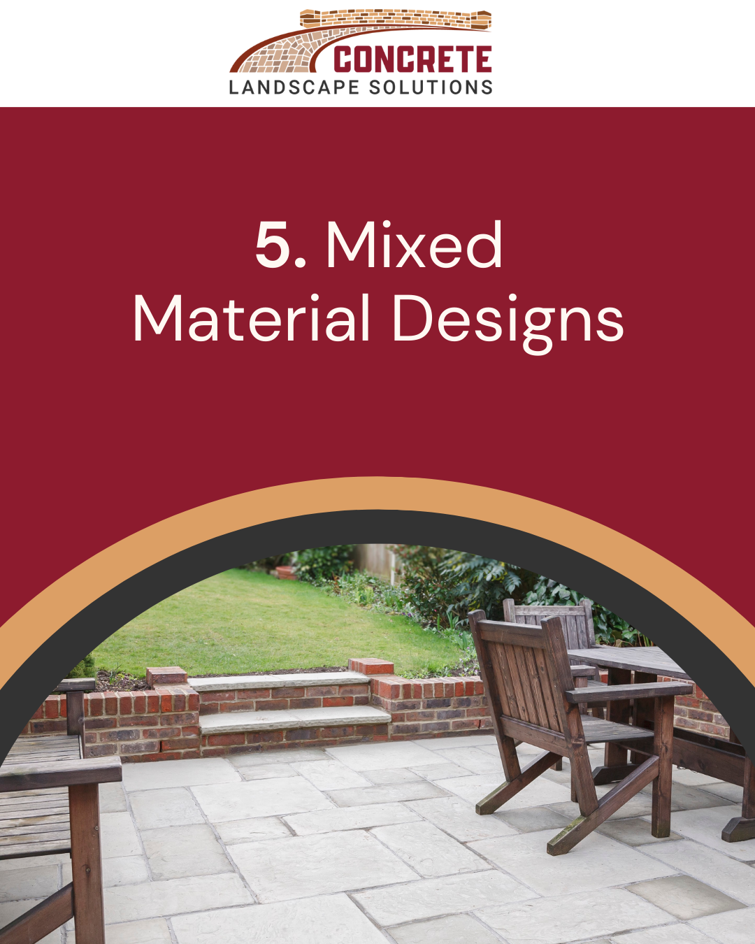Mixed material patio design photo featuring concrete paired with other outdoor elements for a custom, high-end look.