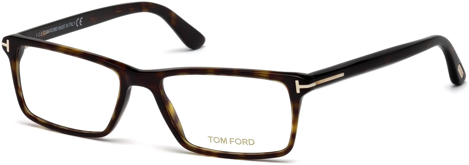 A pair of tortoise shell Tom Ford eyeglasses with a gold 'T' detail on the temple, shown on a white background. The text 'TOM FORD MADE IN ITALY CE' is visible on the inside of the temple arm.