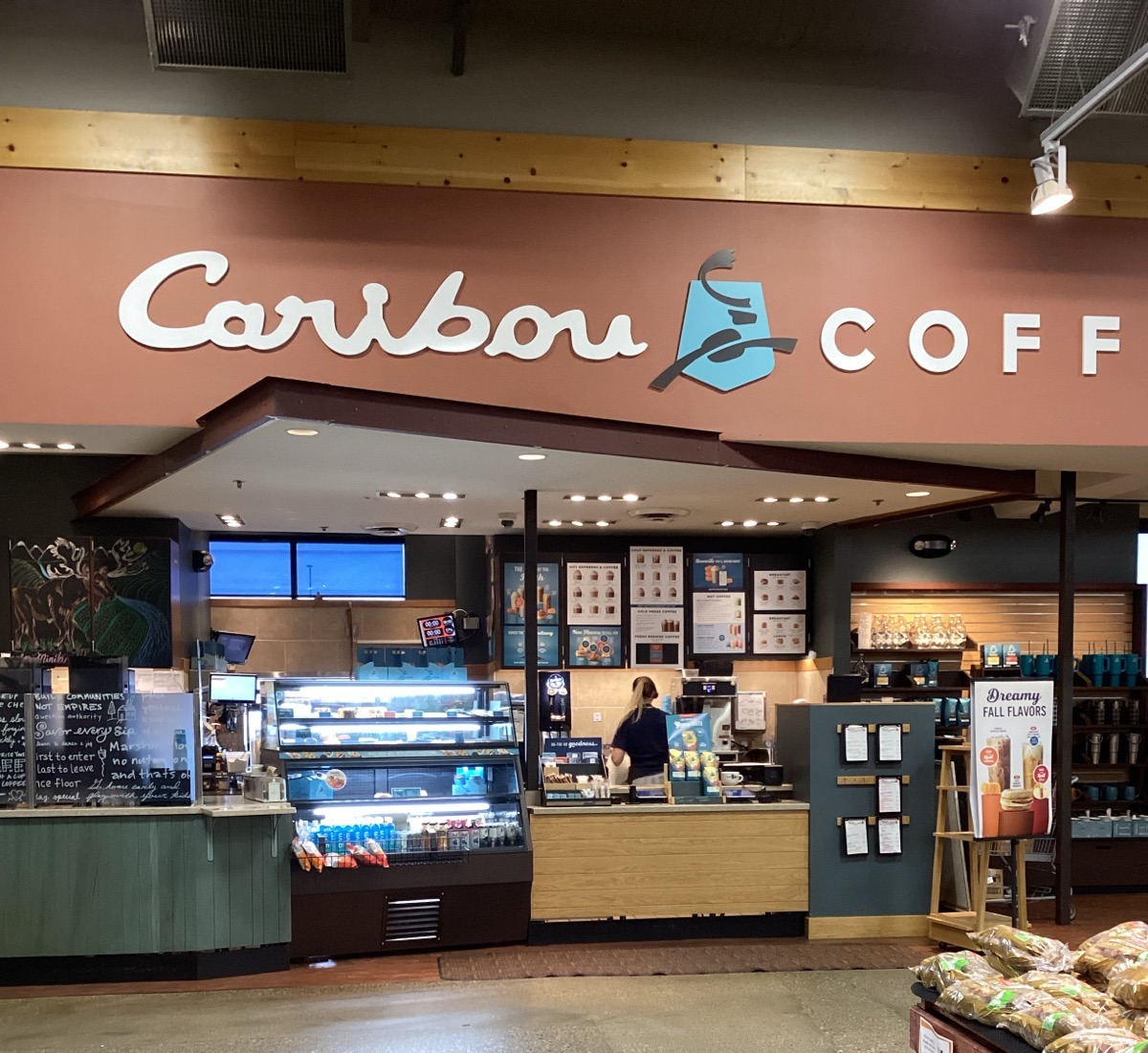 Storefront of the Caribou Coffee at 1930 South Broadway Street in Minot