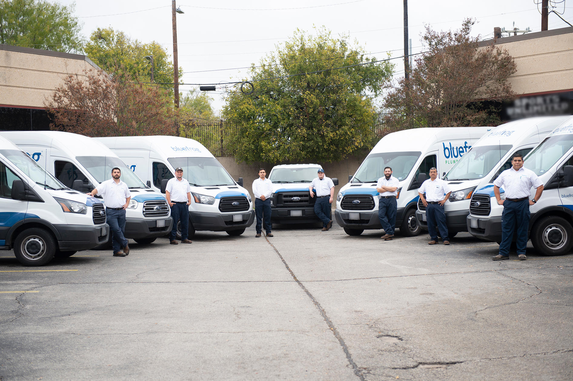 bluefrog Plumbing + Drain of West Houston company vehicle fleet ready for service calls all over the West Houston area.
