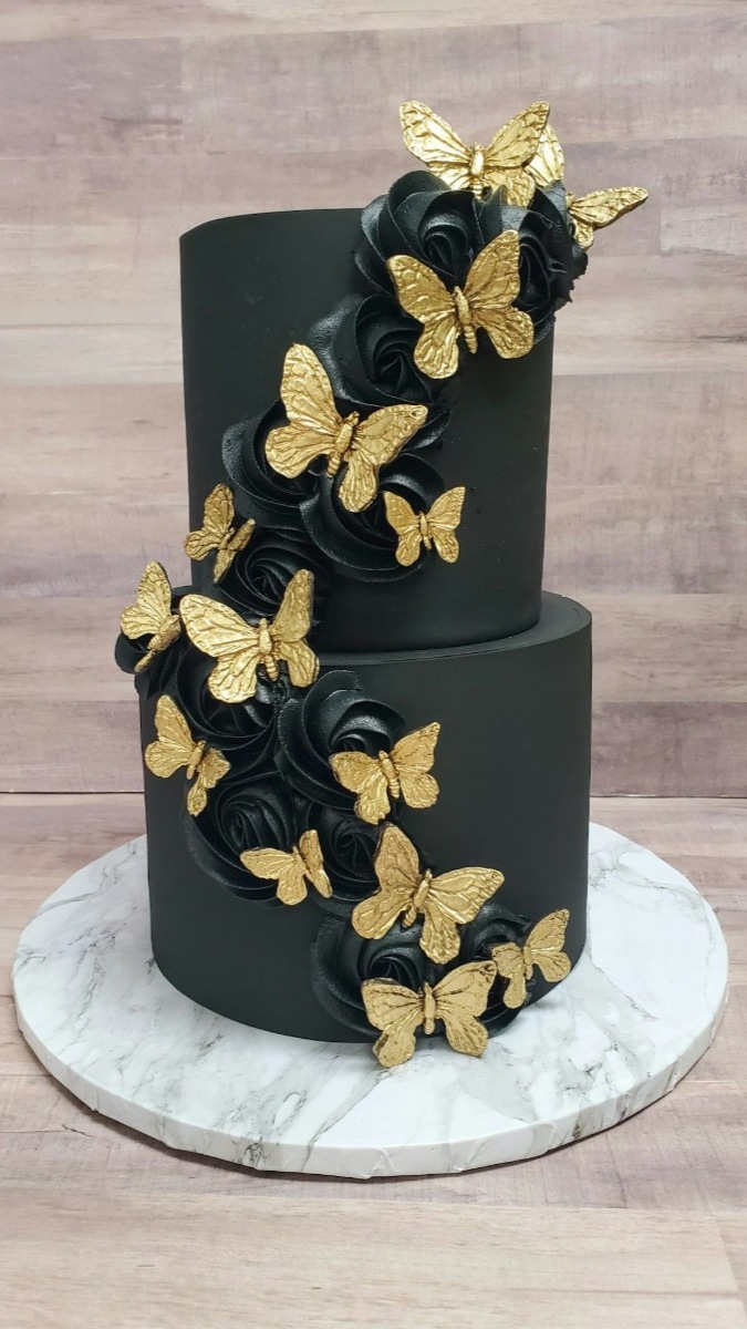 Luxury custom cake with gold butterfly details from the best bakery in Deerfield Beach, FL. 