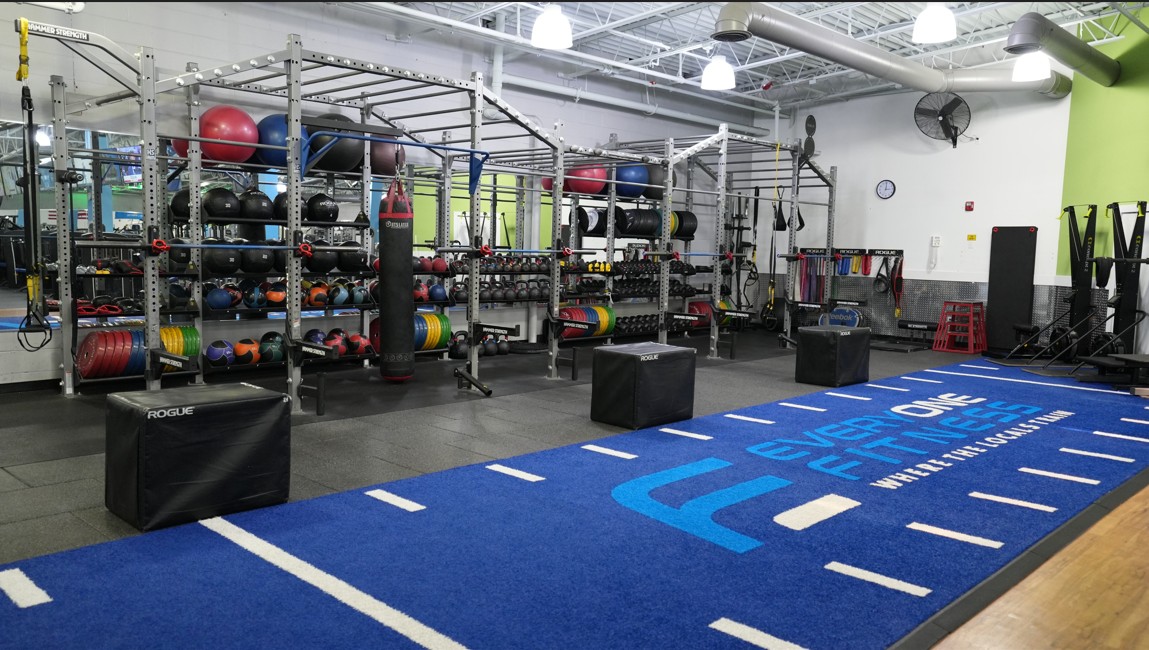 Performance turf and equipment wall at Everyone Fitness Rehoboth Beach featuring organized gear for total-body training.