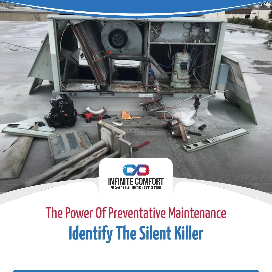 An HVAC unit is disassembled on a rooftop, surrounded by tools and debris. The image features a logo and text emphasizing the importance of preventative maintenance. The HVAC unit appears to be undergoing repair or maintenance, with its internal components exposed.