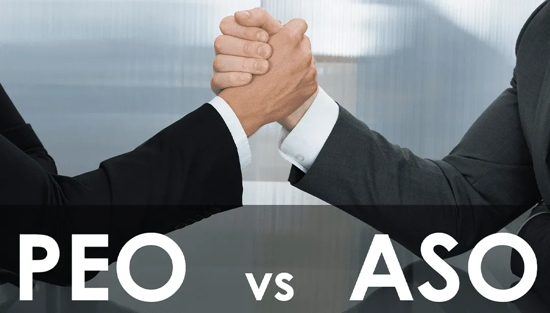 Two men in suits are arm wrestling, with the words "PEO vs ASO" overlaid on the image.