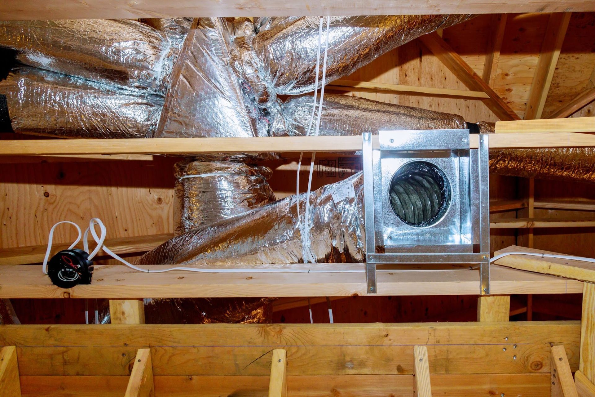 Attic HVAC system with insulated flexible ductwork connected through wooden framing, featuring metal vent box and wiring, illustrating residential air distribution setup, ventilation pathways, and heating and cooling infrastructure installation.