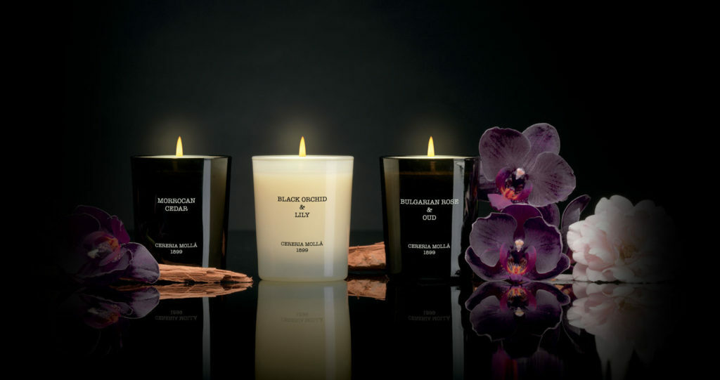 A professionally captured product image by Tabula Rasa Social Stationers, featuring a trio of Cereria Molla 1899 luxury scented candles. The display includes "Moroccan Cedar," "Black Orchid & Lily," and "Bulgarian Rose & Oud" fragrances, presented in elegant glass vessels. Set against a dark, reflective background and complemented by vibrant purple orchids, the image highlights the sophisticated ambiance and premium aromatic quality of the collection.