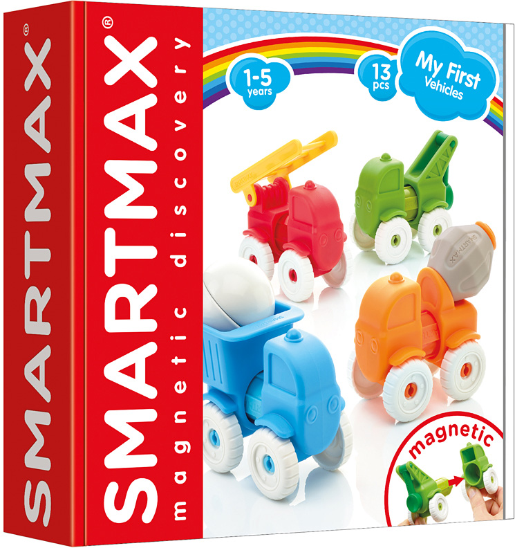 SmartMax My First Vehicles is a colorful 13-piece magnetic building set for ages 1–5. Kids can mix,  
