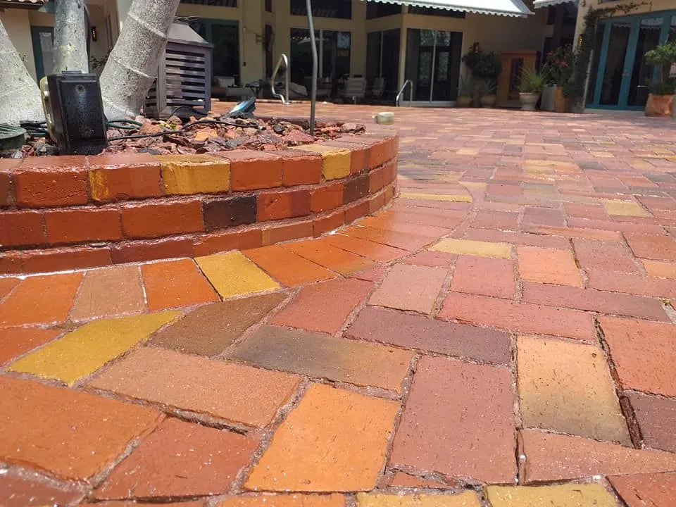 Freshly cleaned brick paver patio showcasing restored color and improved appearance after profession 