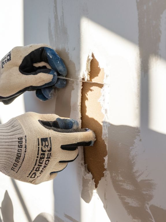 A close-up shot shows two hands wearing protective gloves, carefully repairing a damaged wall. One h 