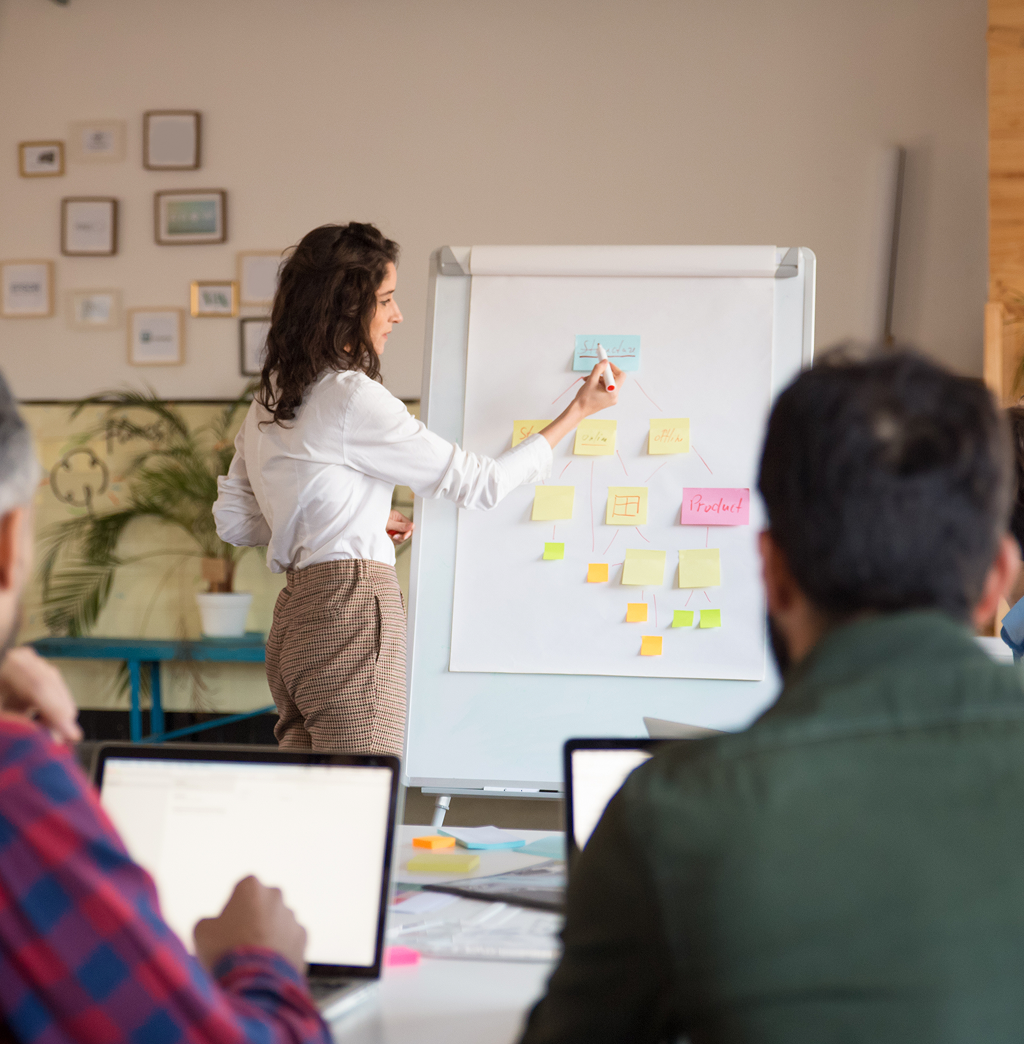 Woman pointing at a wall of sticky notes during a team brainstorming session.