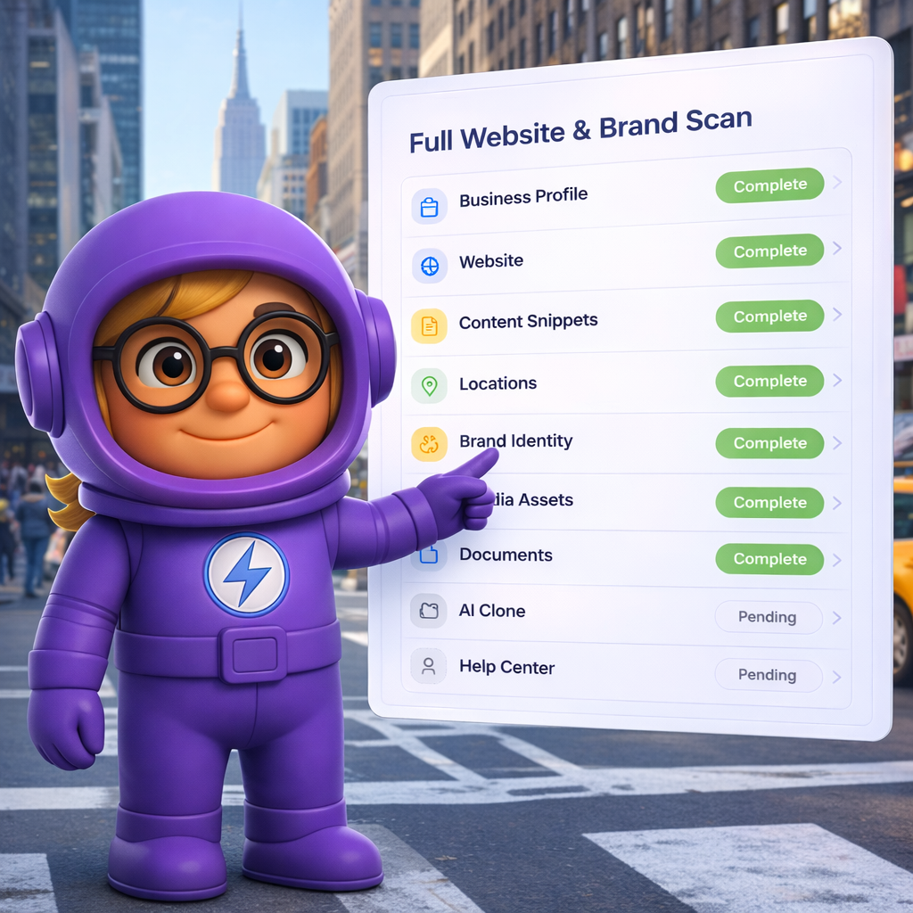 A cartoon character in a purple astronaut suit with a blue lightning bolt logo on its chest points to a digital screen displaying a 'Full Website & Brand Scan' checklist. The checklist includes items like 'Business Profile', 'Website', 'Content Snippets', 'Locations', 'Brand Identity', 'Media Assets', 'Documents', 'AI Clone', and 'Help Center'. Most items are marked as 'Complete', while 'AI Clone' and 'Help Center' are marked as 'Pending'. The background shows a blurred city street scene with tall buildings and a yellow taxi.