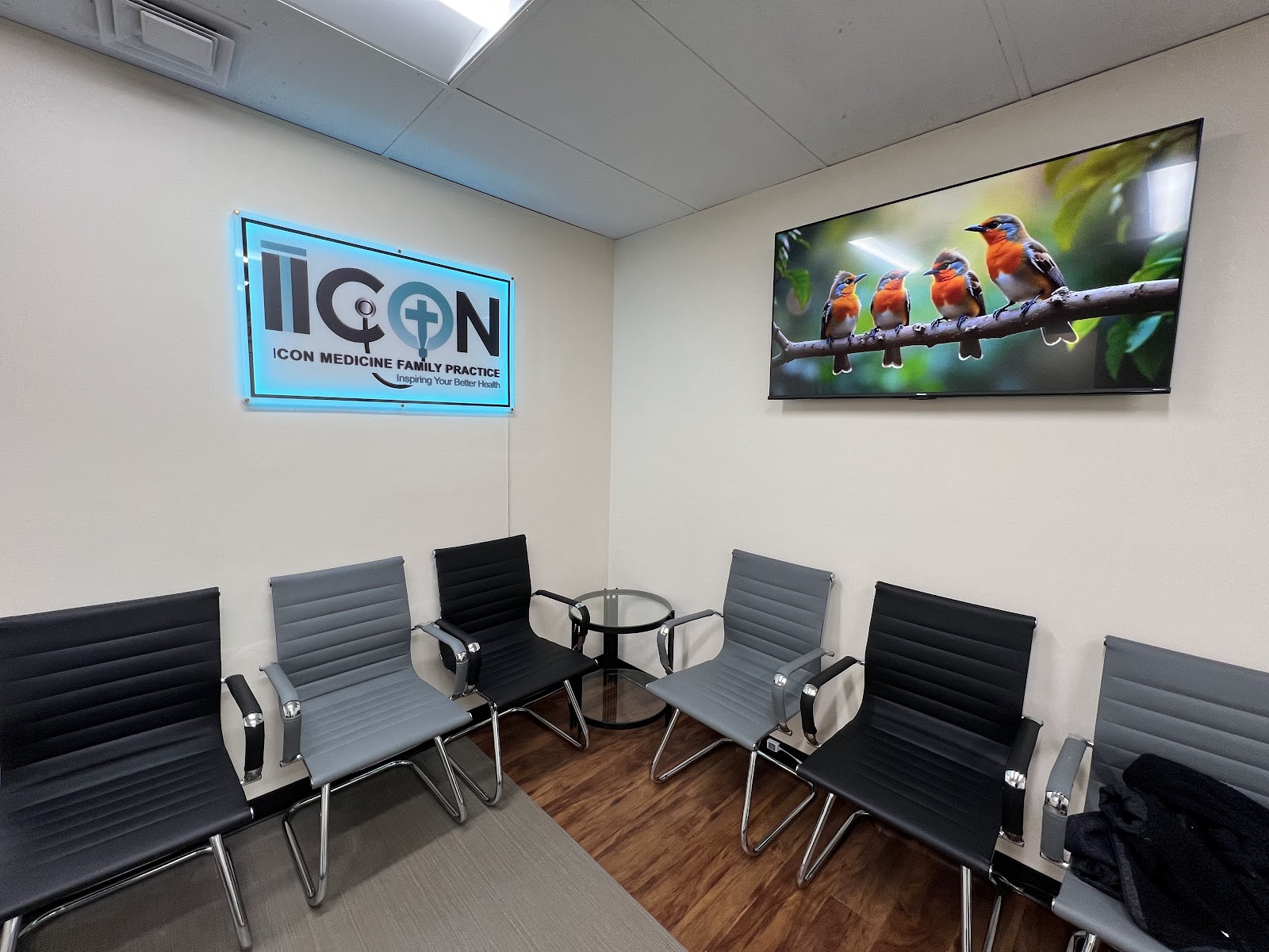 A brightly lit waiting room of a medical practice, featuring a modern logo on the wall, a large flat-screen television displaying an image of birds, and several rows of sleek chairs arranged around a small glass table.