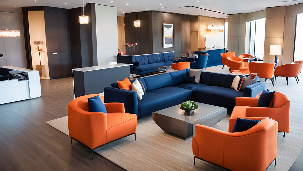 A modern lounge area with a large navy blue sectional sofa, several bright orange armchairs, and a metallic coffee table with a small plant, set against a backdrop of dark wood paneling, light wood accents, and large windows. The space is illuminated by contemporary pendant lights and a floor lamp.