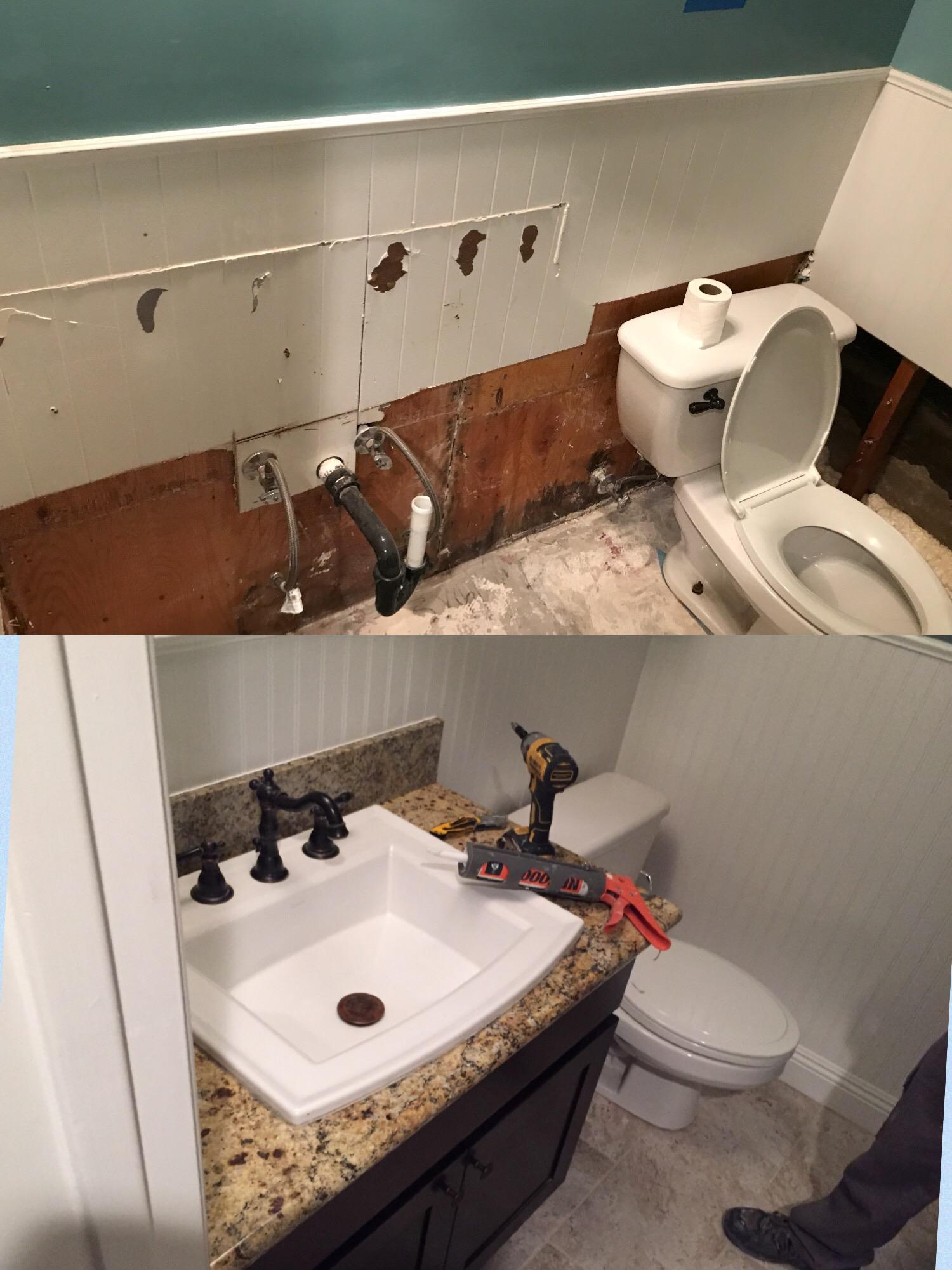 Before and after a restoration job in a bathroom.