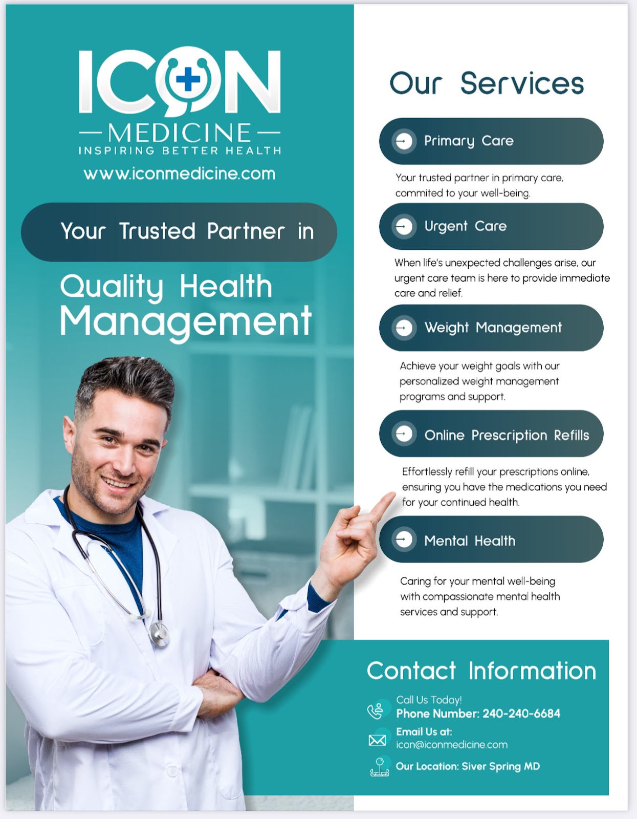 A smiling doctor in a white lab coat points towards a list of services offered by ICON Medicine, including Primary Care, Urgent Care, Weight Management, Online Prescription Refills, and Mental Health. The ad also provides contact information for the clinic. The background is a blurred office setting.