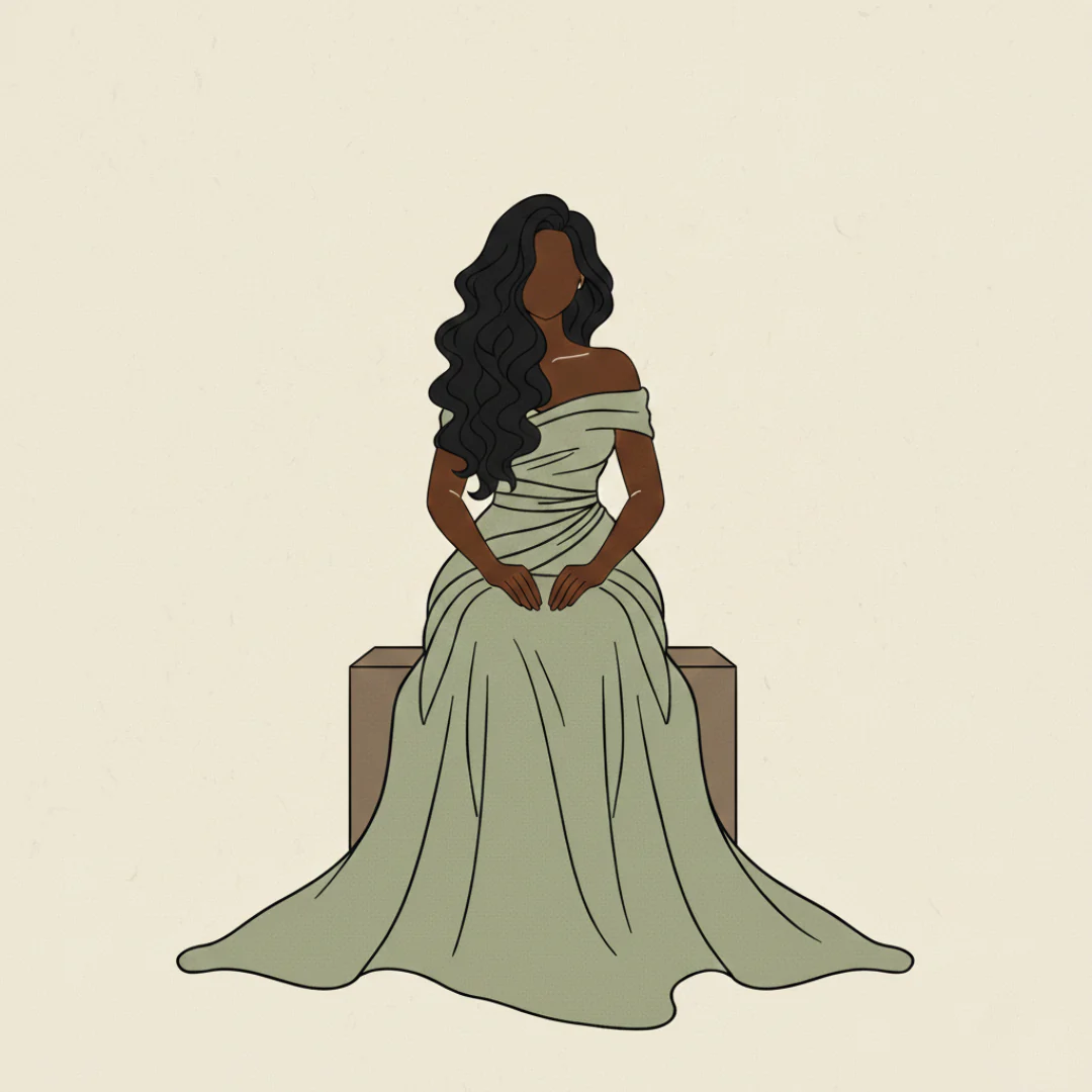 An illustration of a woman with dark skin and long, wavy black hair, wearing an off-the-shoulder, floor-length olive green dress. She is seated on a light brown, rectangular stool, with her hands resting in her lap. The background is a plain, light beige color.