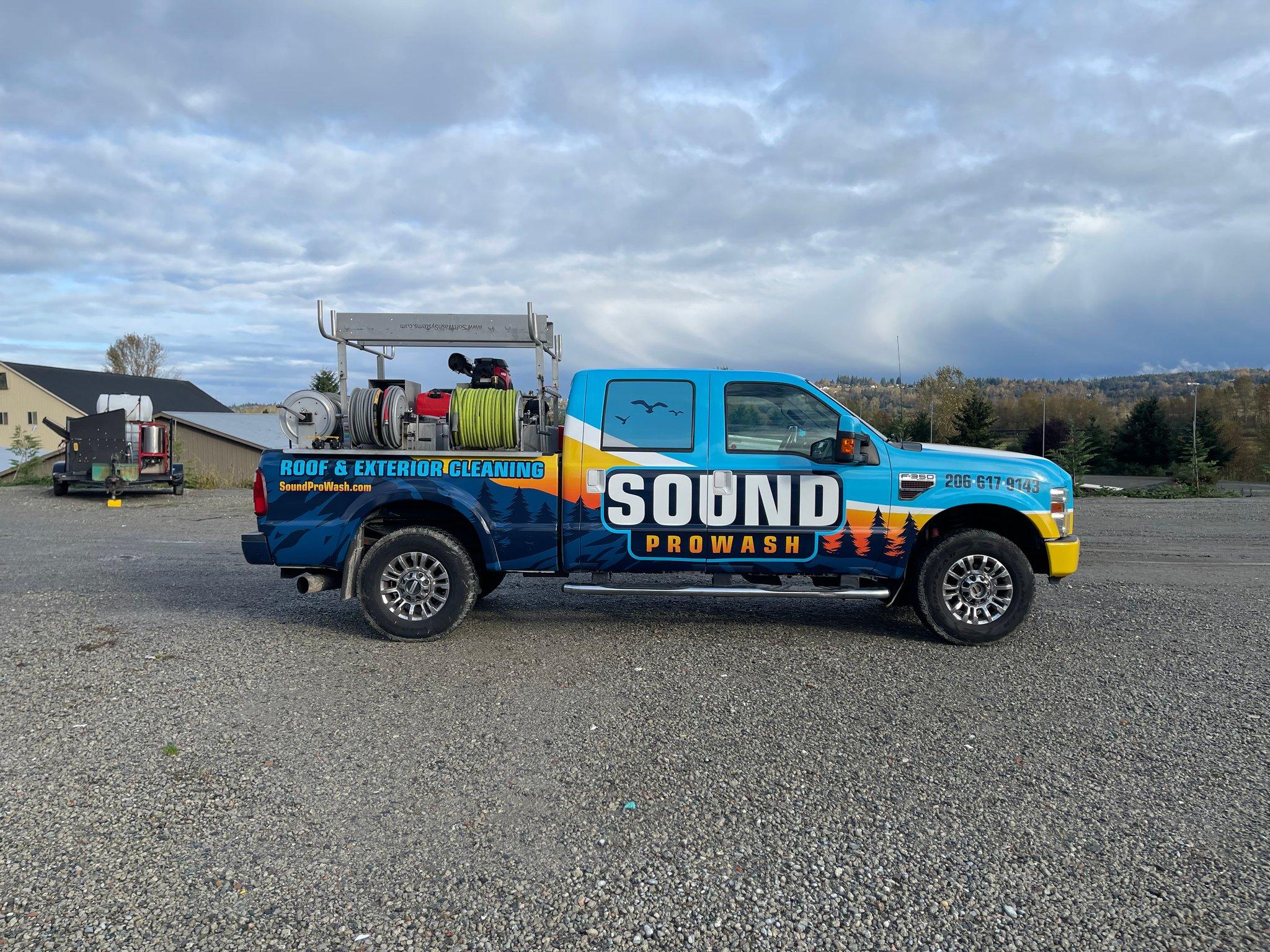 Full truck wrap for Sound ProWash on a Ford F-350 work truck, printed and installed by Ardor Printing.
