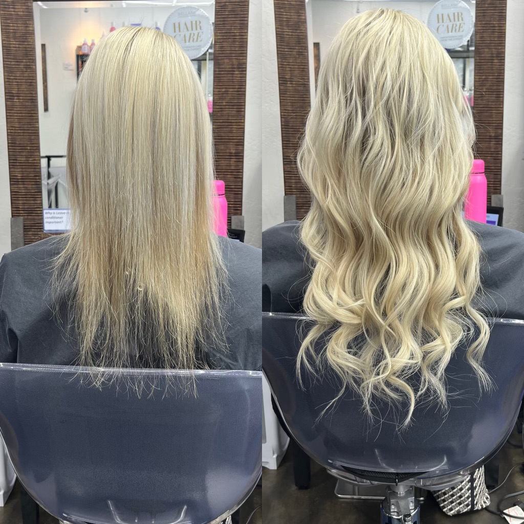A full blonding service bringing hair to a brighter cleaner blonde while maintaining softness and strength. Finished with loose waves to show tone and texture.
